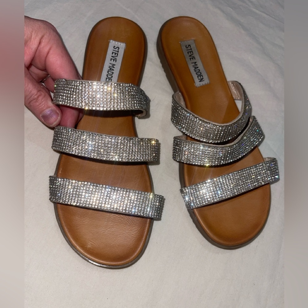 Steve Madden Rhinestone 3 Strapped Flat Sandals 6.5